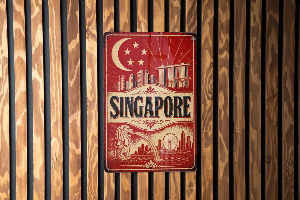 A vintage-style sign for Singapore, featuring a crescent moon and stars, a city skyline, and a lion, is displayed on a wooden wall.
