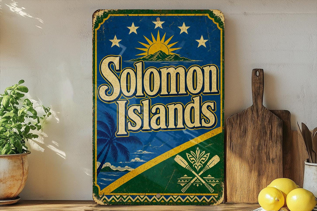 A vintage-style sign for the Solomon Islands, featuring a blue background with a sun and palm trees, and the text "Solomon Islands" prominently displayed.