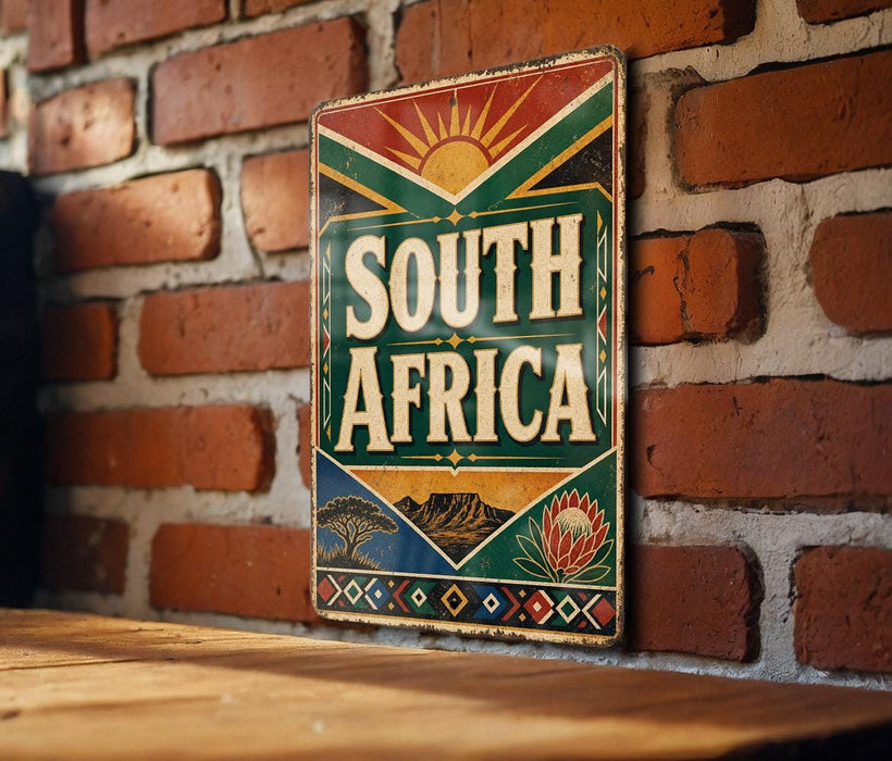 A vintage metal sign with the text "SOUTH AFRICA" displayed on a brick wall.
