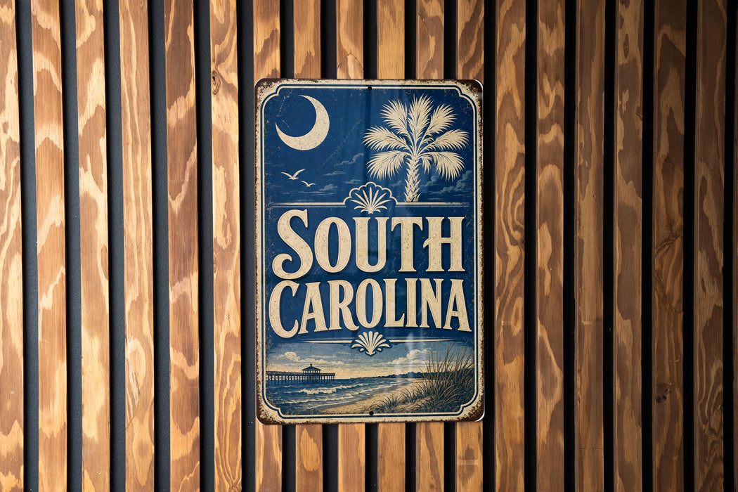 A vintage-style metal sign with the text "SOUTH CAROLINA" displayed prominently against a wooden background.