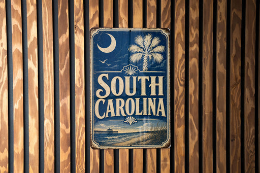 A vintage-style metal sign with the text "SOUTH CAROLINA" displayed prominently against a wooden background.