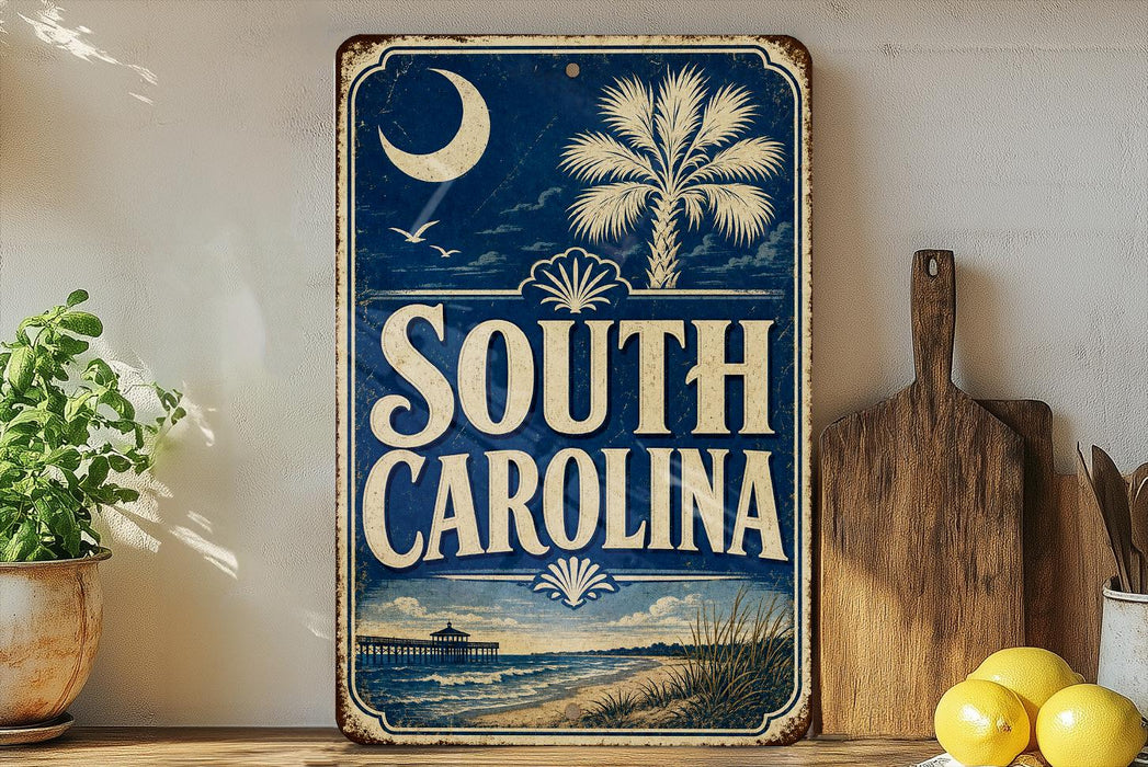 a vintage-style sign that reads "SOUTH CAROLINA" with a palm tree and a crescent moon design. The sign is displayed on a shelf next to a wooden cutting board and a potted plant.