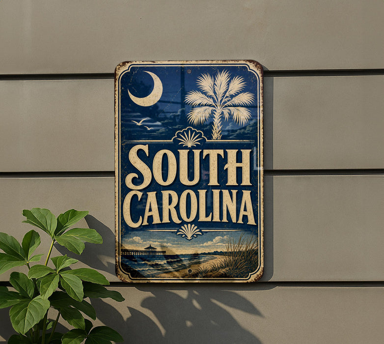 A vintage-style metal sign with the text "SOUTH CAROLINA" displayed prominently, featuring a palm tree and other coastal elements.