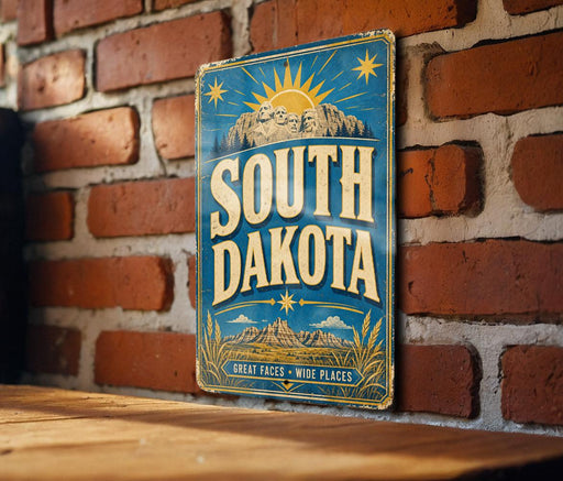 A vintage-style sign for South Dakota is displayed on a brick wall, featuring a sun and mountain landscape design.