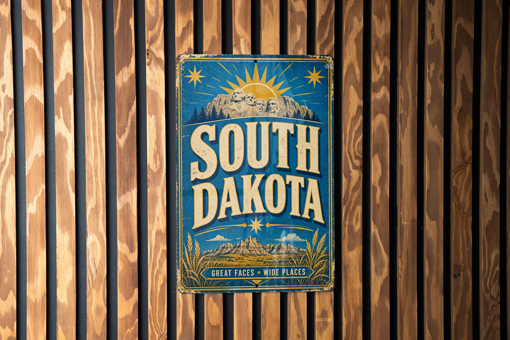 A vintage metal sign with the text "SOUTH DAKOTA" and a sun graphic, mounted on a wooden wall.