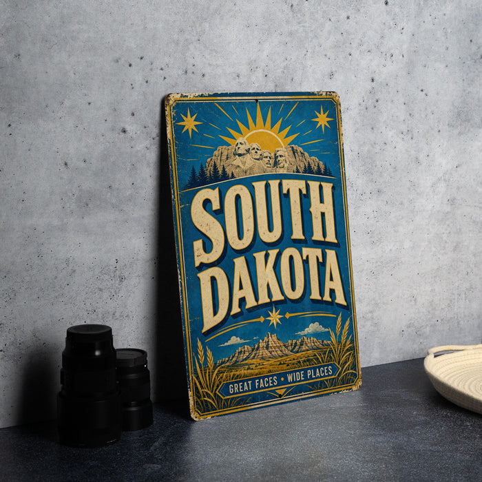 A vintage-style sign for South Dakota, featuring a sun and mountain landscape, is displayed on a table next to some black camera lenses.