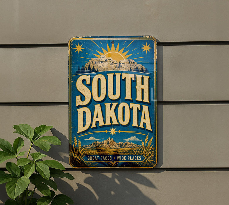 A vintage-style sign for South Dakota is displayed on a wall, featuring a mountain landscape and sun-like rays.