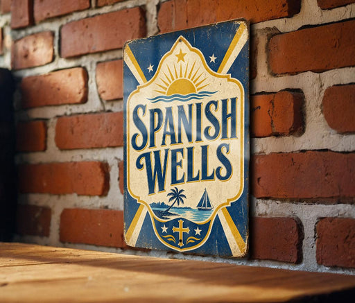 A vintage-style sign for "Spanish Wells" is displayed on a brick wall, featuring a sun and palm tree design.