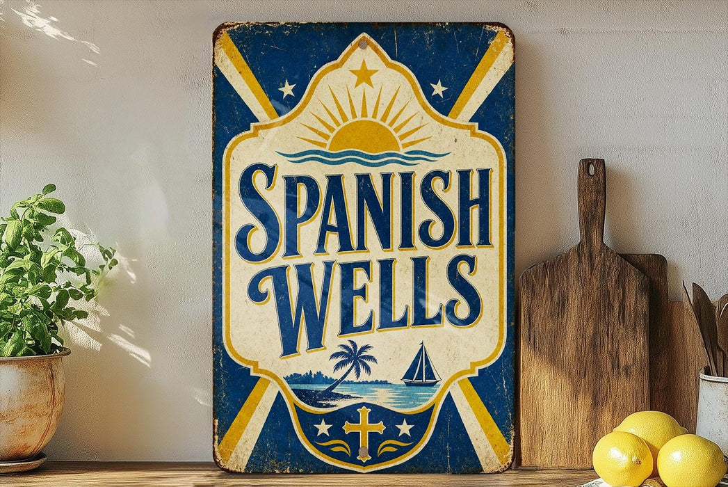 A vintage-style sign for "Spanish Wells" is displayed on a shelf, accompanied by a potted plant, a cutting board, and some lemons.