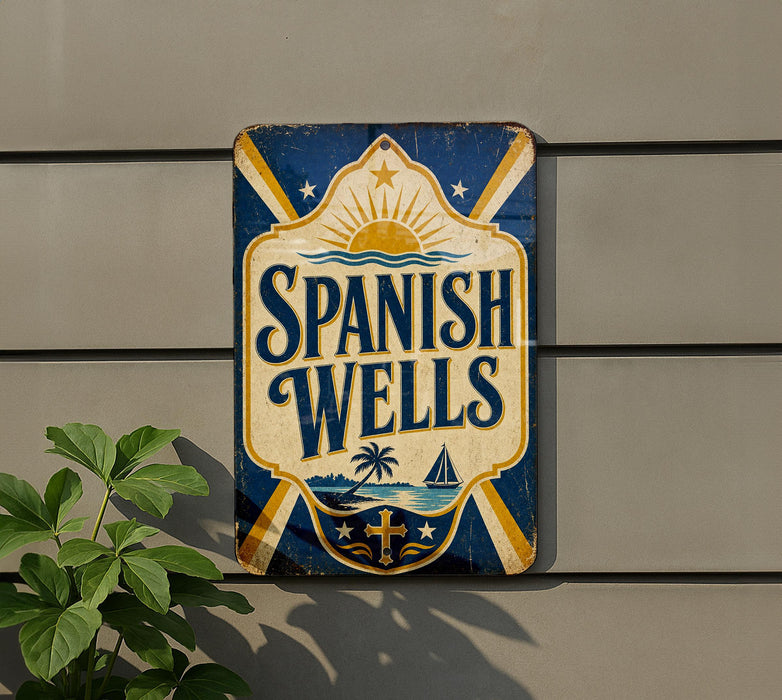 a sign for "Spanish Wells" hanging on a wall.