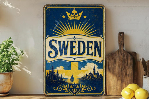 A vintage-style metal sign with the word "SWEDEN" prominently displayed, featuring a sunburst design and a depiction of a Swedish landscape. The sign is placed on a shelf next to a wooden cutting board and a potted plant.