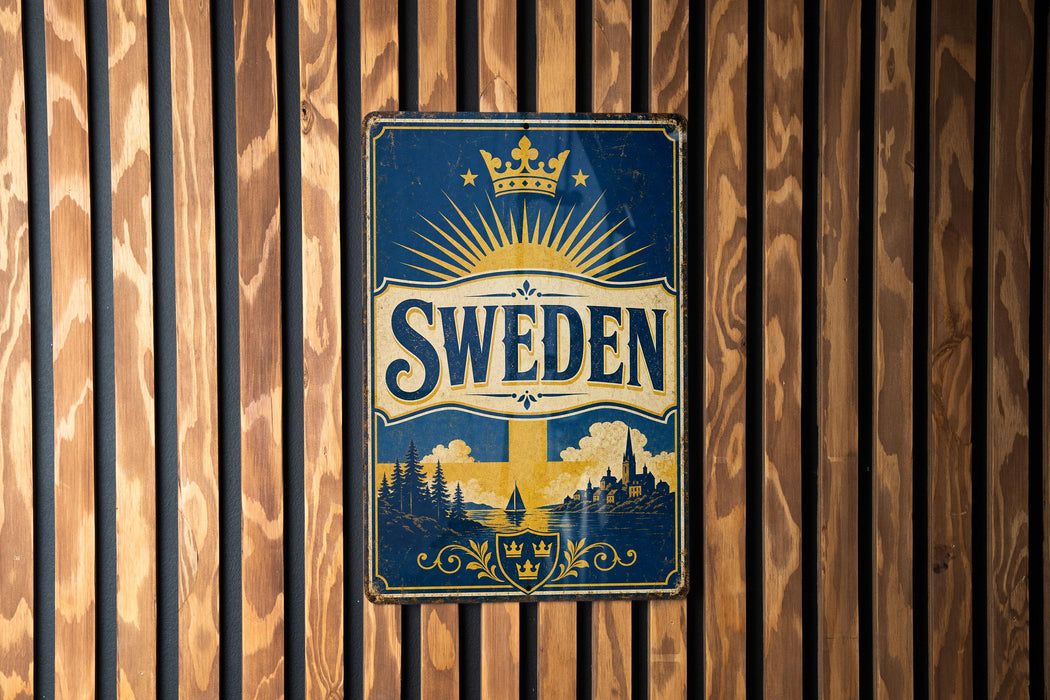A vintage metal sign with the word "SWEDEN" prominently displayed, featuring a sunburst design and a castle in the background.