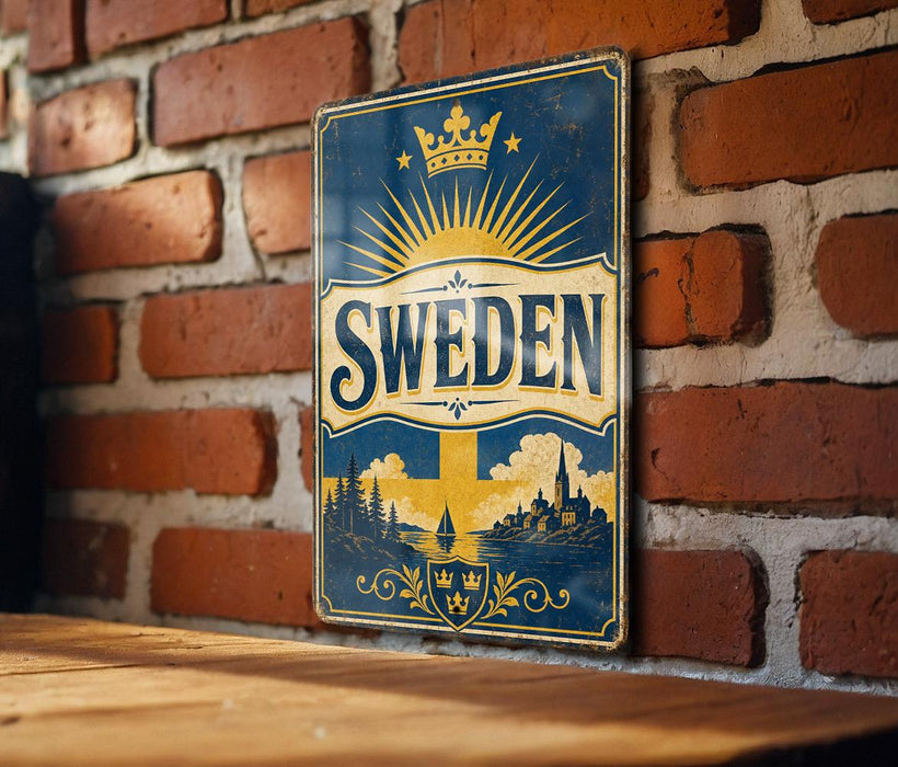 A vintage-style sign with the word "SWEDEN" prominently displayed, featuring a sun and castle illustration, mounted on a brick wall.