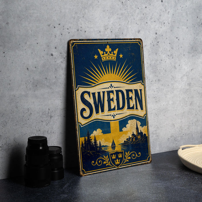 A vintage-style sign with the word "SWEDEN" prominently displayed, featuring a sunburst design and a crown above the text. The sign is placed on a gray surface, with some black objects, such as a stack of cups, visible in the background.