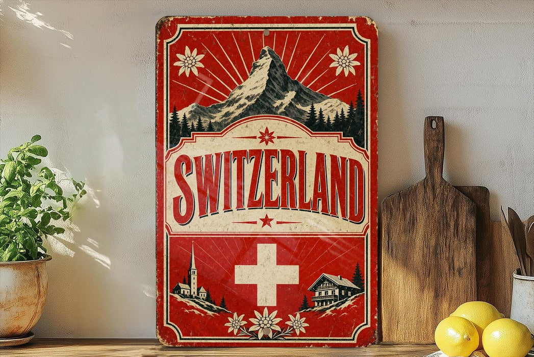 a vintage-style sign for Switzerland, with a mountain and a Swiss cross in the center. The sign is red and white, and it has a vintage appearance. The sign is displayed on a shelf, and there are some kitchen utensils, such as a cutting board and a knife, next to it.