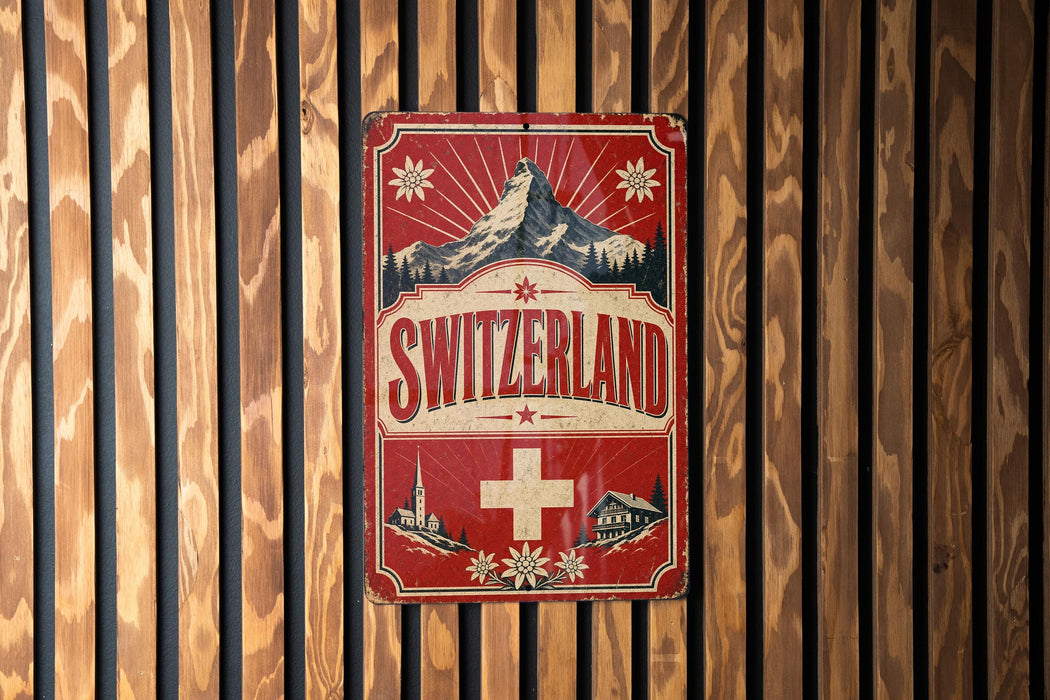 A vintage-style sign for Switzerland mounted on a wooden wall.