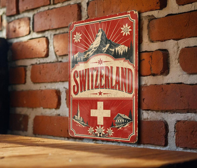 A vintage-style metal sign with the word "SWITZERLAND" prominently displayed, featuring a mountain and a Swiss cross.