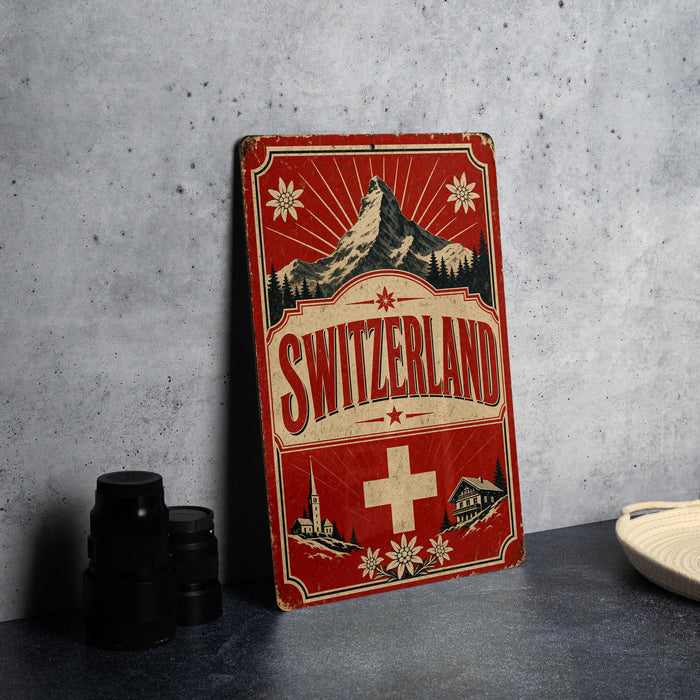 A vintage-style sign for Switzerland, featuring a mountain landscape and the Swiss flag, is displayed on a table.