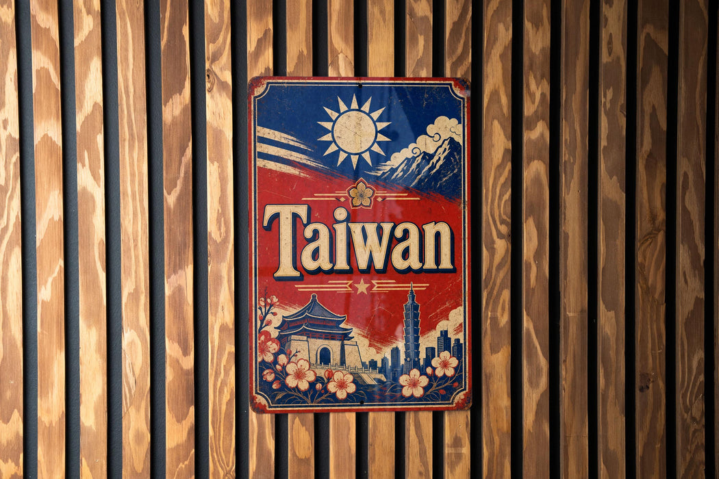 A vintage-style metal sign with the word "Taiwan" prominently displayed, featuring a sun, clouds, and a traditional Chinese temple.
