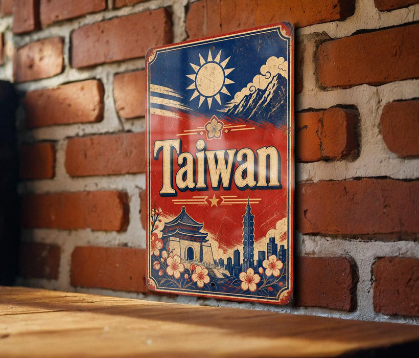 A vintage-style metal sign with the word "Taiwan" prominently displayed, featuring a sun, mountains, and traditional Chinese architecture.