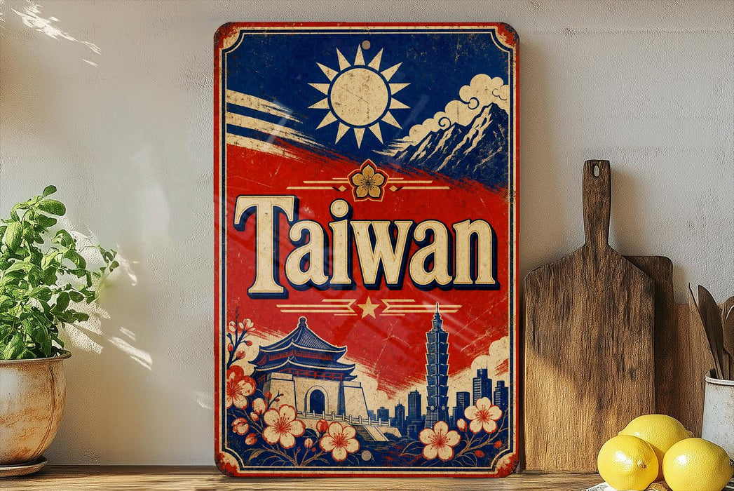 A vintage-style metal sign with the word "Taiwan" prominently displayed, featuring a sun, mountains, and traditional Chinese architecture. The sign is placed on a shelf next to a wooden cutting board and some potted plants.