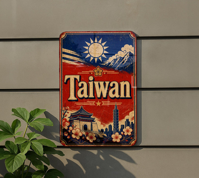 A vintage-style sign with the word "Taiwan" prominently displayed, featuring a sun, mountains, and a temple in the background.