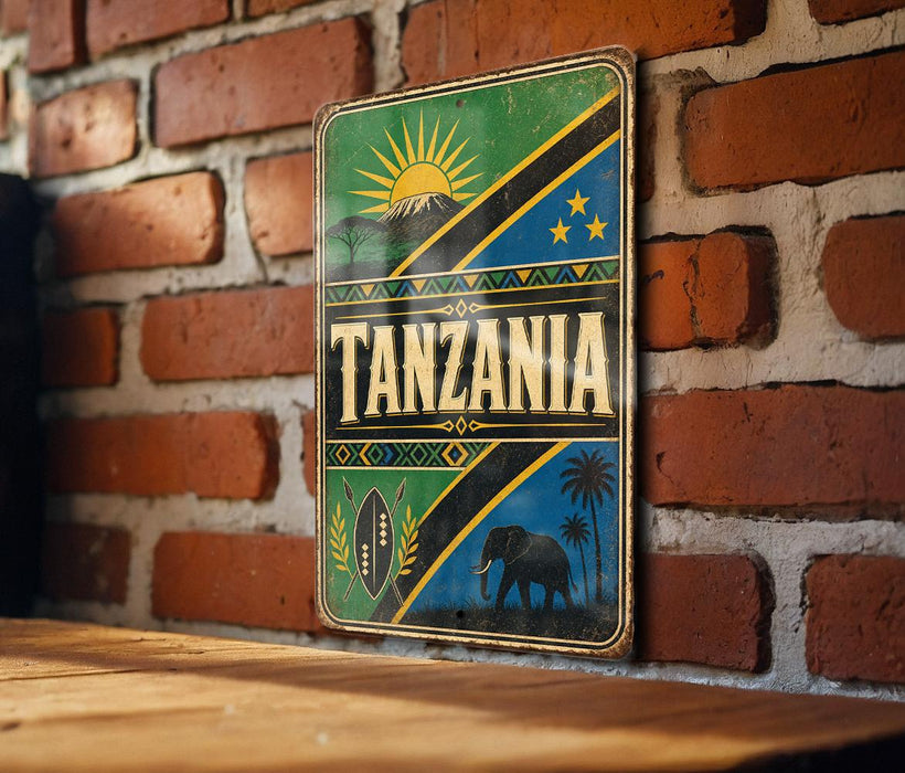 a vintage-style metal sign with the word "Tanzania" prominently displayed, along with a sun and palm tree motif.