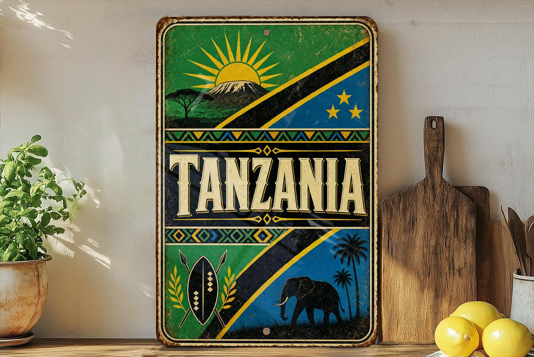 A vintage-style sign with the word "TANZANIA" prominently displayed, featuring a sun, mountain, and other cultural symbols. The sign is placed on a shelf next to a wooden cutting board and a potted plant.