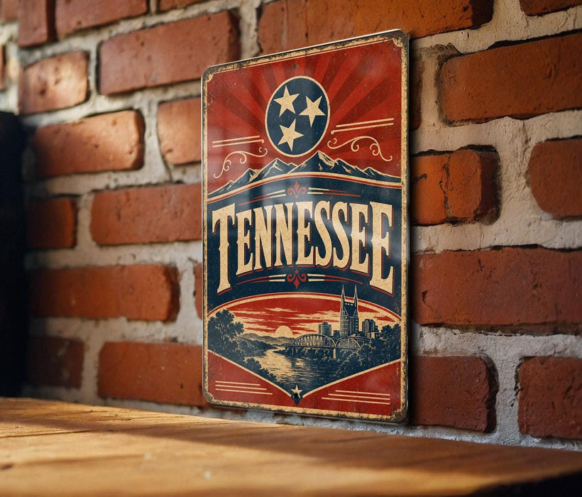 A vintage-style metal sign with the word "TENNESSEE" prominently displayed, featuring a red and blue design with a star and a mountain backdrop.