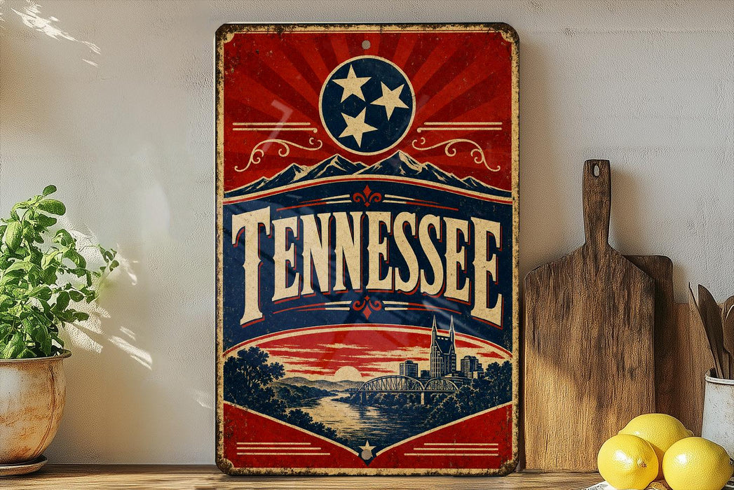 A vintage-style metal sign with the word "TENNESSEE" prominently displayed, featuring a red and blue background with a large star and a scenic illustration of a cityscape.