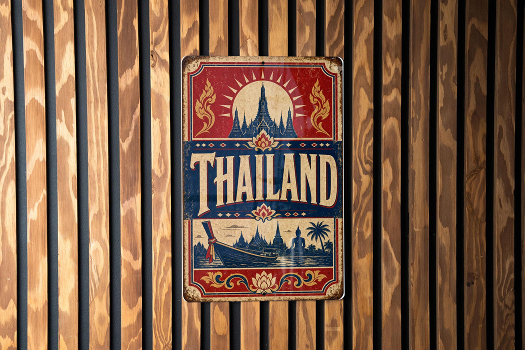 A vintage metal sign with the word "Thailand" prominently displayed, featuring a temple and other traditional Thai imagery.