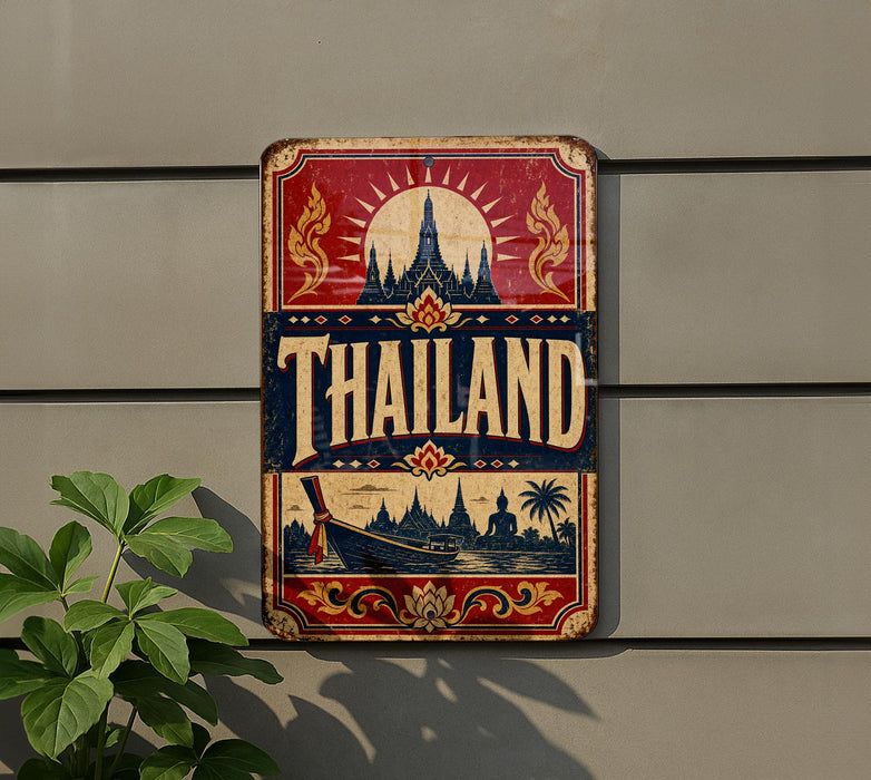 A vintage-style metal sign with the word "Thailand" prominently displayed, featuring a temple and other traditional Thai imagery.