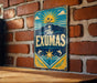 A vintage-style metal sign with a blue background and yellow and white design, mounted on a brick wall.