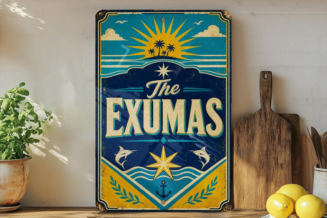 A vintage-style sign with a tropical beach scene and the text "The EXUMAS" is displayed on a shelf next to a wooden cutting board and some lemons.