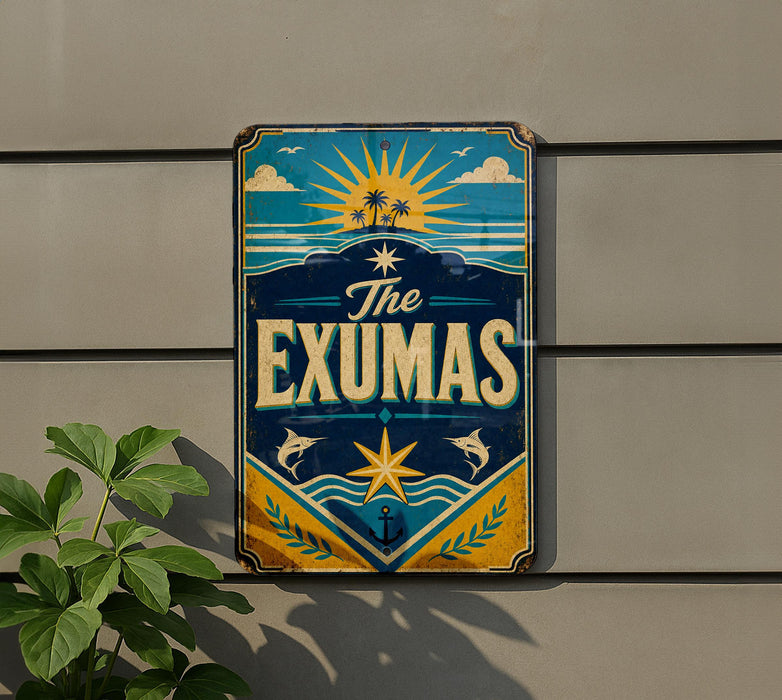 A vintage-style sign for "The Exumas" is displayed on a wall, featuring a sun, palm trees, and a star.