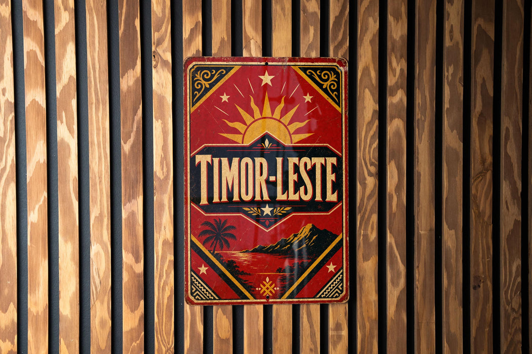 A vintage-style metal sign with a red background and gold accents, featuring a sun and palm trees, is hanging on a wooden wall.