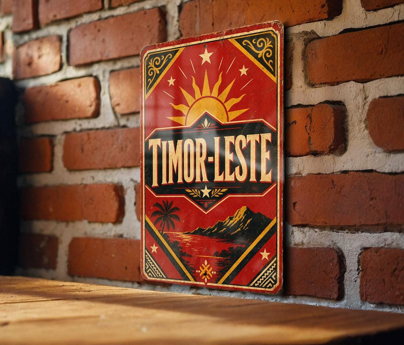 A vintage-style metal sign with a red background and gold accents, featuring a sun and palm trees, is mounted on a brick wall.