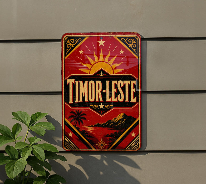 A vintage-style sign with a red background and gold accents, featuring a sun and palm trees, is mounted on a wall.