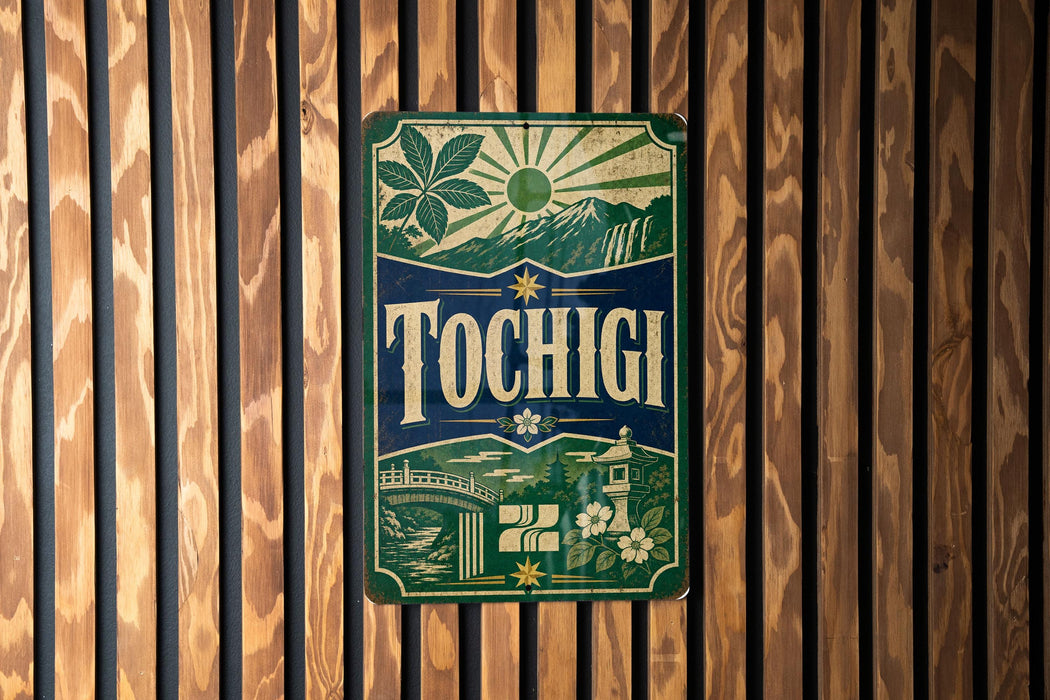 A vintage-style sign with the word "Tochigi" prominently displayed, featuring a sun, mountains, and a bridge.
