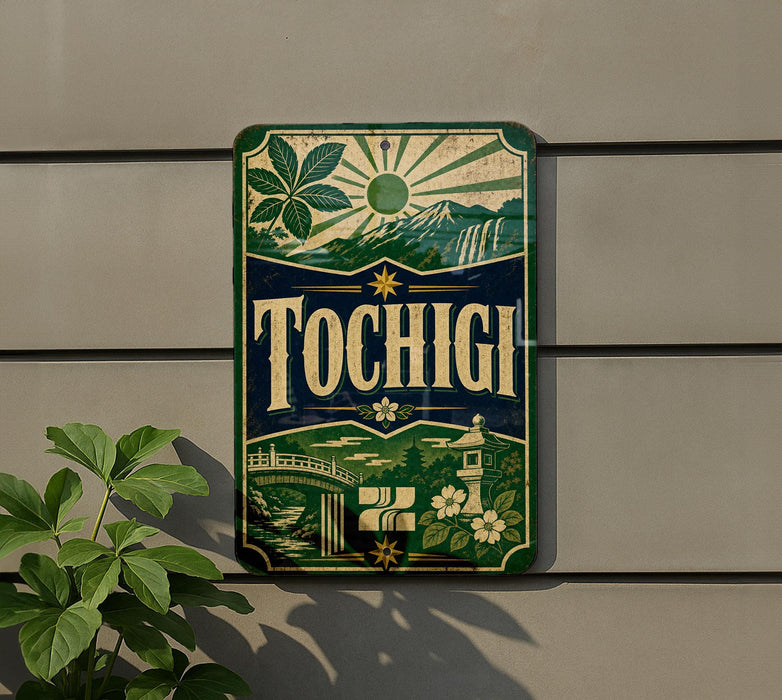 A vintage-style sign with the word "Tochigi" displayed prominently, featuring a sun, mountains, and a bridge.