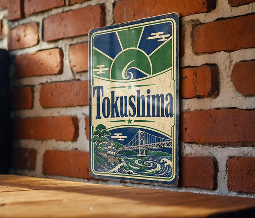 A vintage metal sign with the name "Tokushima" displayed prominently, featuring a bridge and a sun-like symbol. The sign is mounted on a brick wall, and there is a wooden table in the foreground.