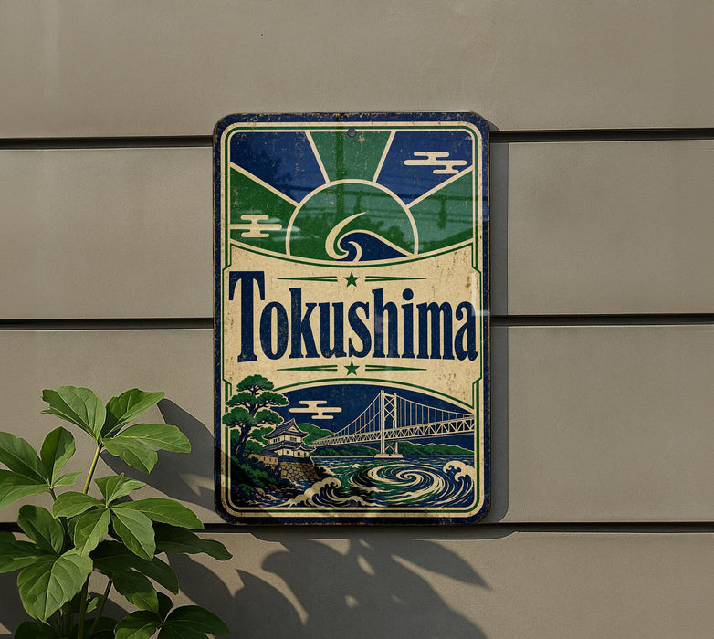 A vintage-style sign for "Tokushima" is displayed on a wall, featuring a bridge and ocean scene.