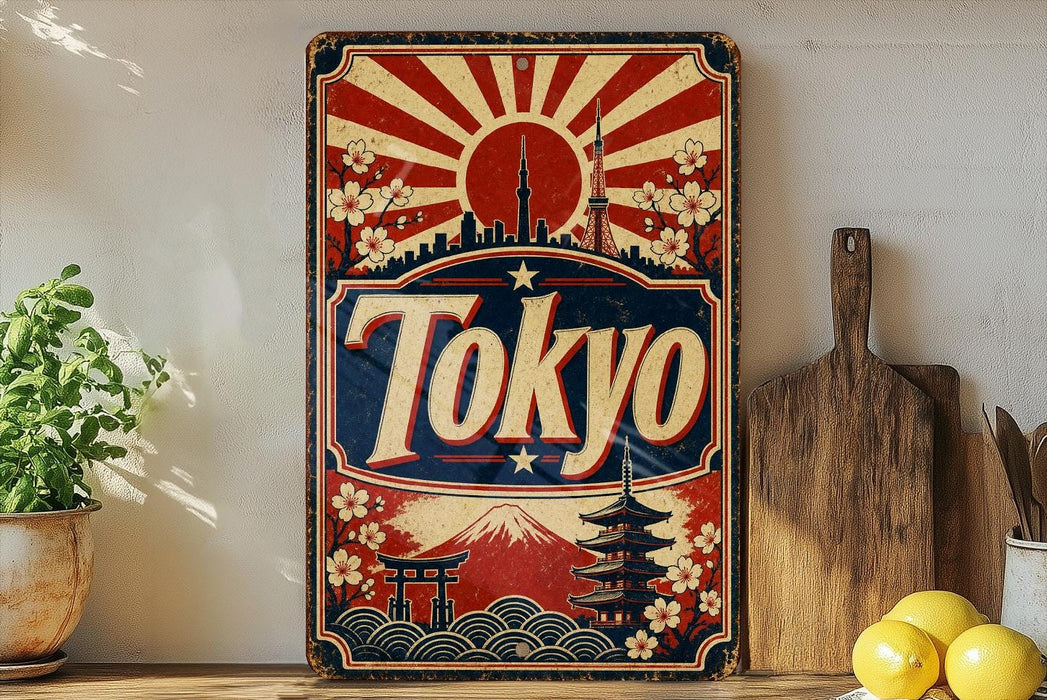 A vintage-style metal sign with the word "Tokyo" prominently displayed, featuring a sunburst design, Japanese-style buildings, and a cherry blossom tree. The sign is placed on a shelf next to a wooden cutting board and a potted plant.