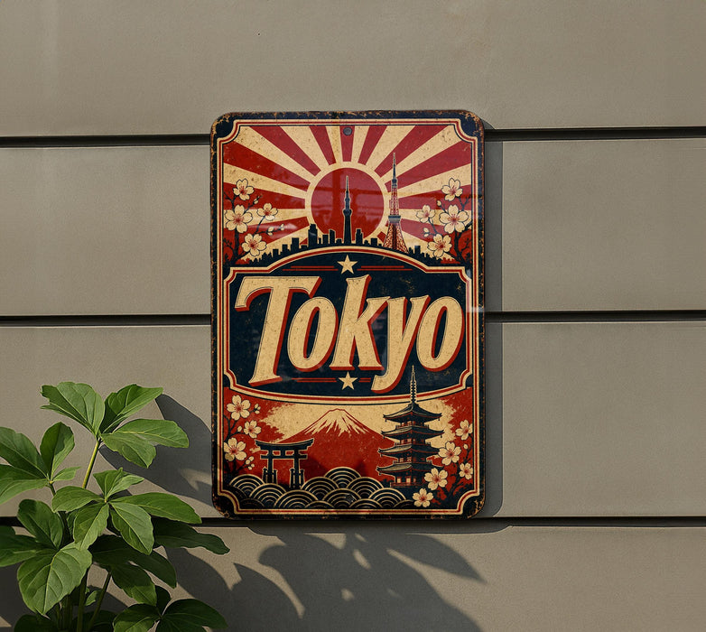 A vintage-style metal sign with the word "Tokyo" prominently displayed, featuring a sun and Japanese-style architecture.