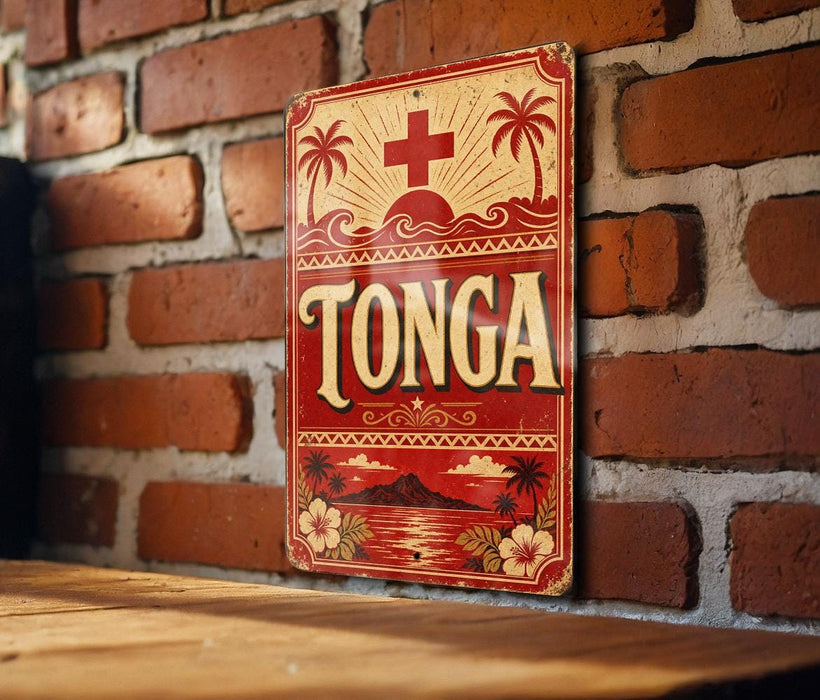 A vintage-style sign with the word "Tonga" prominently displayed, featuring a red cross, palm trees, and a tropical landscape.