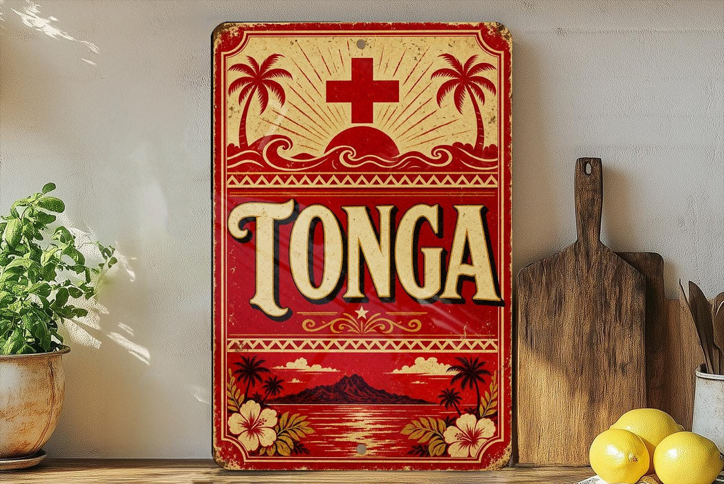 a vintage-style sign with the word "Tonga" prominently displayed, surrounded by tropical elements such as palm trees and a sunset. The sign is placed on a shelf next to a wooden cutting board and a potted plant, creating a cozy and inviting atmosphere.