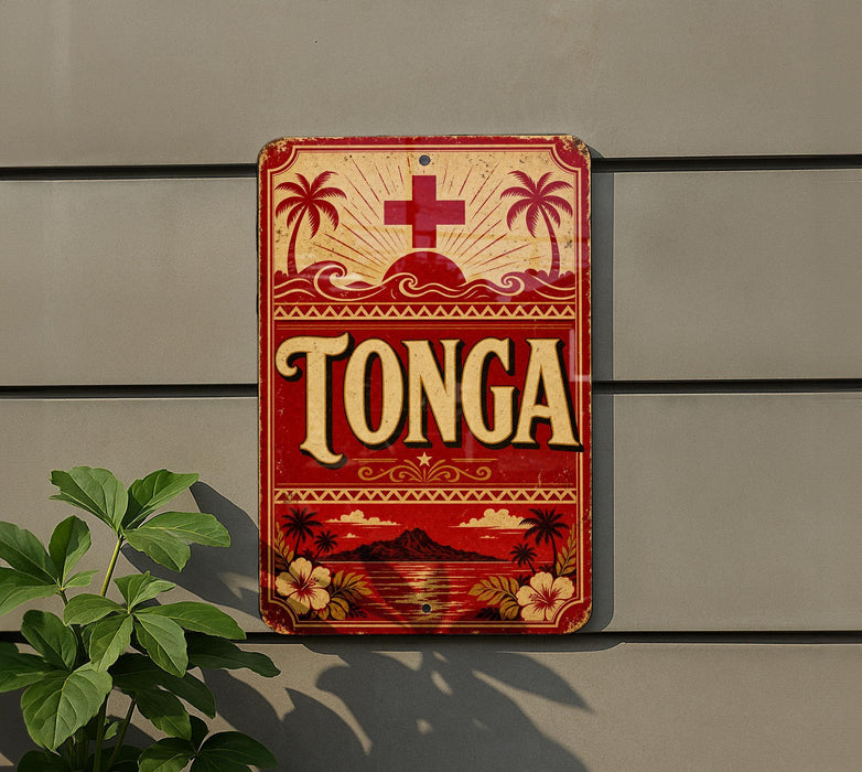 A vintage-style sign with the word "Tonga" prominently displayed, featuring a tropical landscape with palm trees and a red cross symbol.