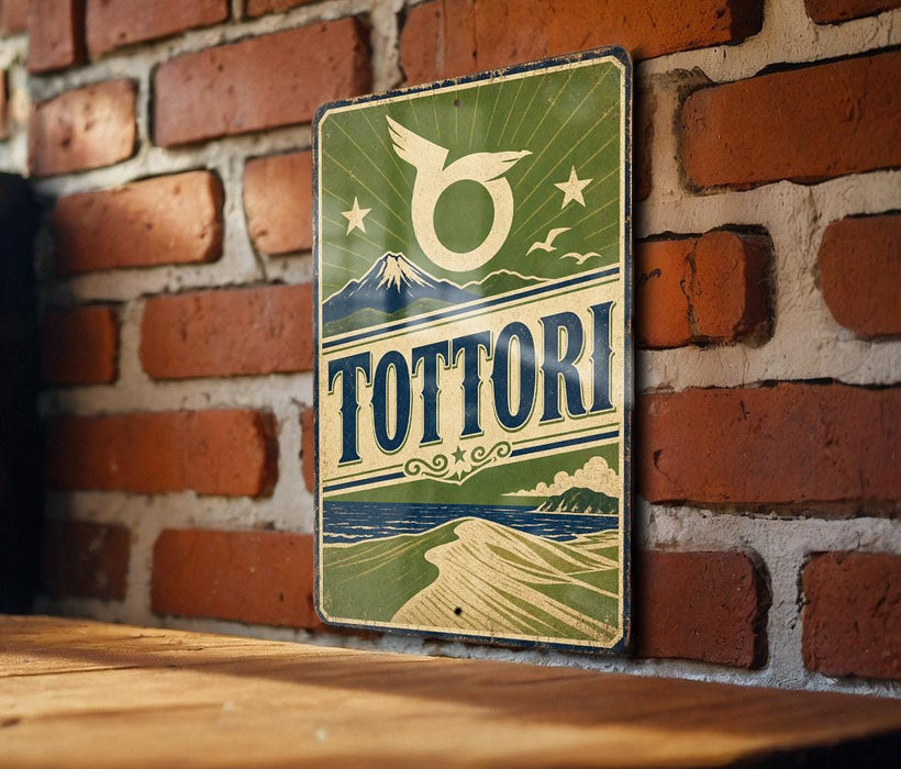 A vintage-style sign with the word "TOTTORI" displayed prominently, featuring a mountain and a bird-like symbol. The sign is mounted on a brick wall, and there is a wooden table in the foreground.