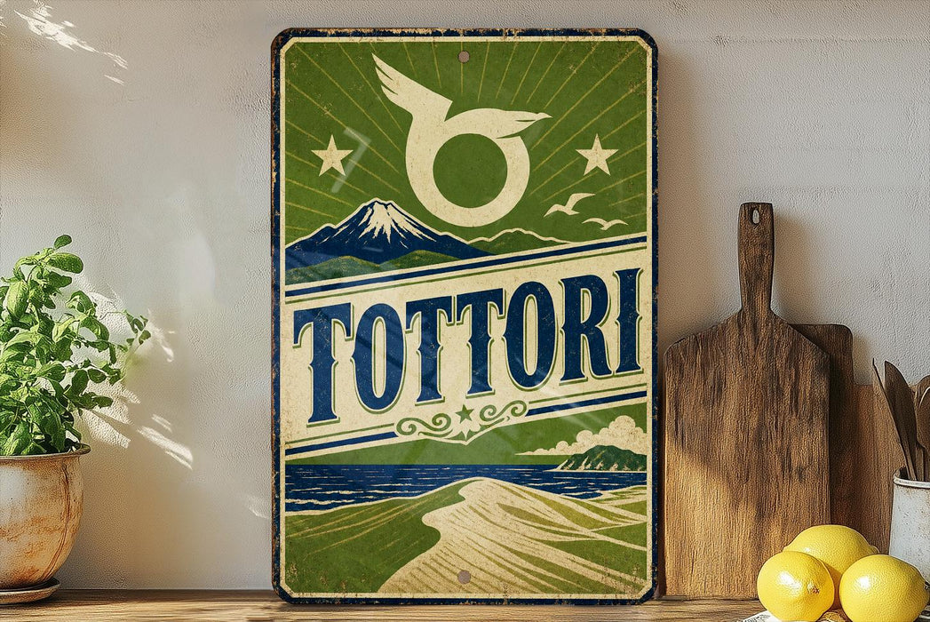 a vintage-style sign with a mountain landscape and a bird, placed on a wooden surface next to a wooden cutting board and some lemons.