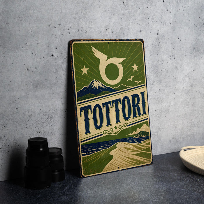A vintage-style metal sign with the word "TOTTORI" prominently displayed, featuring a mountain landscape and a bird silhouette.
